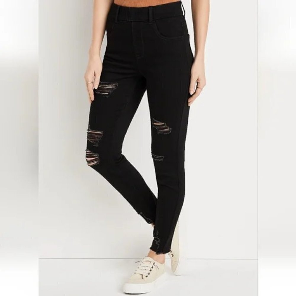 Maurices Black Cool Comfort Pull On Super High Rise Ripped Jeggings Small X-Long